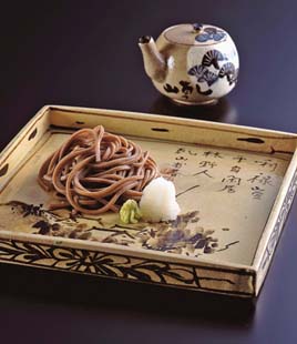 Buckwheat Noodles served on Square Plate with Landscape in Underglaze Brown