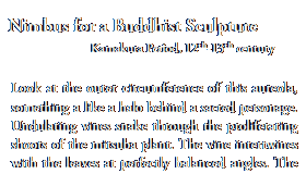 Nimbus for a Buddhist Sculpture
Kamakura Period, 12th-13th century
			
Look at the outer circumference of this aureola, something a like a halo behind a sacred personage. Undulating vines snake through the proliferating shoots of the mitsuba plant. The vine intertwines with the leaves at perfectly balanced angles.