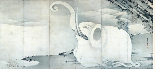 Ito Jakuchu, Elephant and Whale Screens
Ink on paper, pair of six-fold screens   Edo Period (1797)   Dimensions: 159.4  354.0 each  Miho Museum