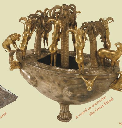 Ark-shaped vessel decorated with sacred trees

A vessel to overcome the Great Flood